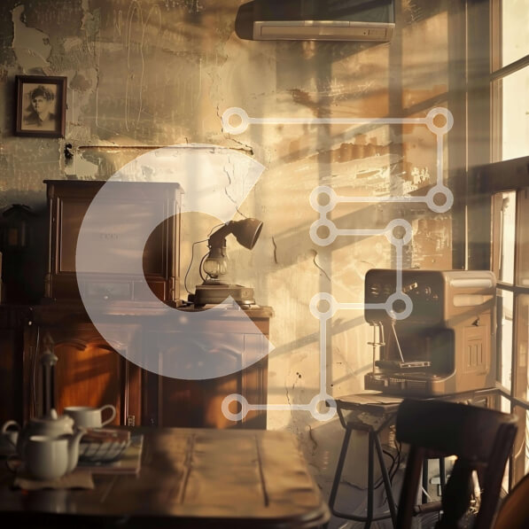 Intra Συλλεκτικό Ξύλινο Παζλ Plywood  4mm - Vintage σαλόνι με φλιτζάνια καφέ και τηλεόραση Σε Ξύλινο Κουτί - Διαστάσεις Puzzle: 10x10 cm – 25 κομμάτια