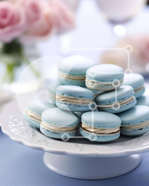 Σετ των 2 Intra Συλλεκτικό Ξύλινο Παζλ Plywood  4mm - Μπλε μακαρόν σε λευκό πιάτο με ροζ λουλούδια Σε Ξύλινο Κουτί - Διαστάσεις: 10x10 cm – 25 κομμάτια