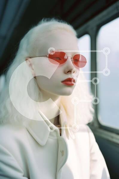 Intra Συλλεκτικό Ξύλινο Παζλ Plywood  4mm - Νεαρή γυναίκα στο τρένο με κόκκινα γυαλιά ηλίου και άσπρα μαλλιά Σε Ξύλινο Κουτί - Διαστάσεις Puzzle: 10x10 cm – 25 κομμάτια