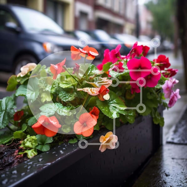 Intra Συλλεκτικό Ξύλινο Παζλ Plywood  4mm - Πολύχρωμο κουτί λουλουδιών στη βροχή με σταθμευμένα αυτοκίνητα Σε Ξύλινο Κουτί - Διαστάσεις: 10x10 cm – 25 κομμάτια