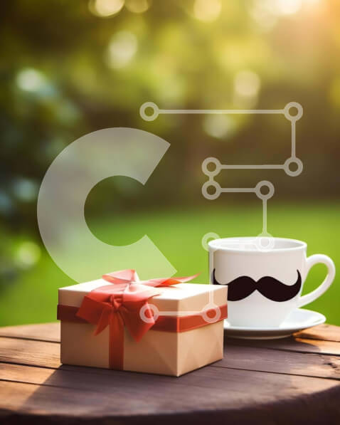 Intra Συλλεκτικό Ξύλινο Παζλ Plywood  4mm - Φλιτζάνι καφέ, κουτί δώρου και μουστάκι σε ξύλινο τραπέζι Σε Ξύλινο Κουτί - Διαστάσεις Puzzle: 10x10 cm – 25 κομμάτια