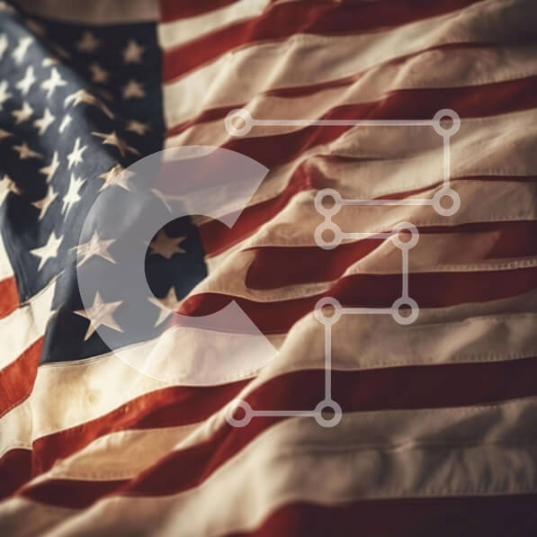 Intra Συλλεκτικό Ξύλινο Παζλ Plywood  4mm - Κοντινή εικόνα μιας αμερικανικής σημαίας που κυματίζει στον άνεμο Σε Ξύλινο Κουτί - Διαστάσεις Puzzle: 10x10 cm – 25 κομμάτια