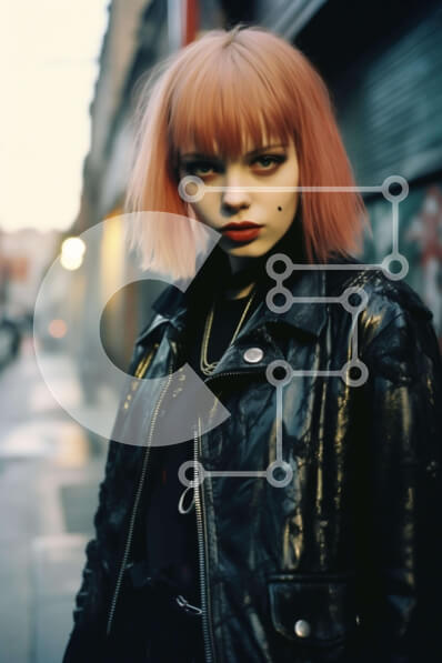 Intra Συλλεκτικό Ξύλινο Παζλ Plywood  4mm - Νεαρή γυναίκα με ροζ μαλλιά και μαύρο δερμάτινο μπουφάν Σε Ξύλινο Κουτί - Διαστάσεις Puzzle: 10x10 cm – 25 κομμάτια