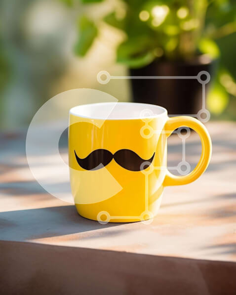 Intra Συλλεκτικό Ξύλινο Παζλ Plywood  4mm - Κίτρινη κούπα καφέ με σχέδιο μουστάκι σε τραπέζι εξωτερικού χώρου Σε Ξύλινο Κουτί - Διαστάσεις Puzzle: 10x10 cm – 25 κομμάτια