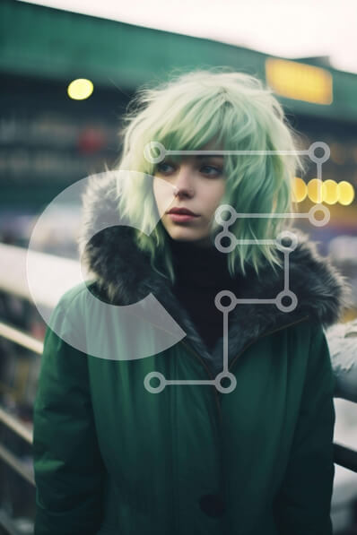 Intra Συλλεκτικό Ξύλινο Παζλ Plywood  4mm - Νεαρή γυναίκα με πράσινα μαλλιά στο ανοιχτό κιγκλίδωμα Σε Ξύλινο Κουτί - Διαστάσεις Puzzle: 10x10 cm – 25 κομμάτια