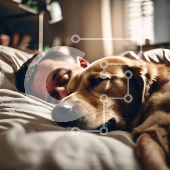 Intra Συλλεκτικό Ξύλινο Παζλ Plywood  4mm - Άνδρας και σκύλος κοιμούνται ειρηνικά στο κρεβάτι Σε Ξύλινο Κουτί - Διαστάσεις: 10x10 cm – 25 κομμάτια