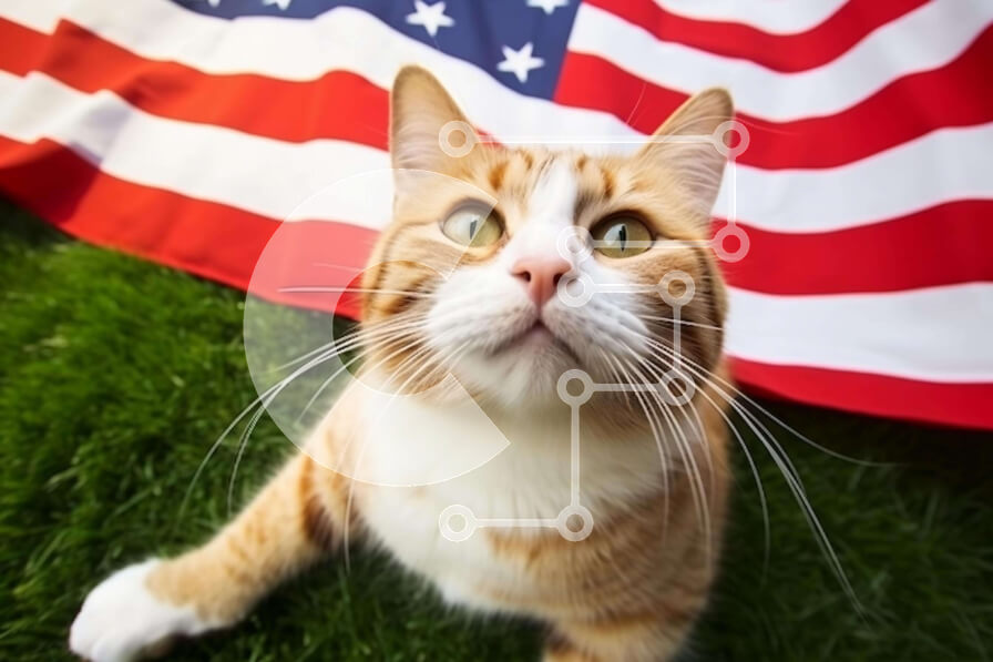 Σετ των 2 Intra Συλλεκτικό Ξύλινο Παζλ Plywood  4mm - Τιγρέ γάτα που κάθεται μπροστά από την αμερικανική σημαία Σε Ξύλινο Κουτί - Διαστάσεις: 10x10 cm – 25 κομμάτια