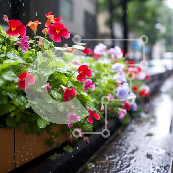 Intra Συλλεκτικό Ξύλινο Παζλ Plywood  4mm - Πολύχρωμα λουλούδια που ανθίζουν στη βροχή σε έναν αστικό δρόμο Σε Ξύλινο Κουτί - Διαστάσεις: 10x10 cm – 25 κομμάτια