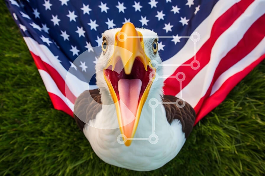 Σετ των 2 Intra Συλλεκτικό Ξύλινο Παζλ Plywood  4mm - Κοντινό πλάνο του Eagle με το ράμφος ανοιχτό δίπλα στην αμερικανική σημαία Σε Ξύλινο Κουτί - Διαστάσεις: 10x10 cm – 25 κομμάτια