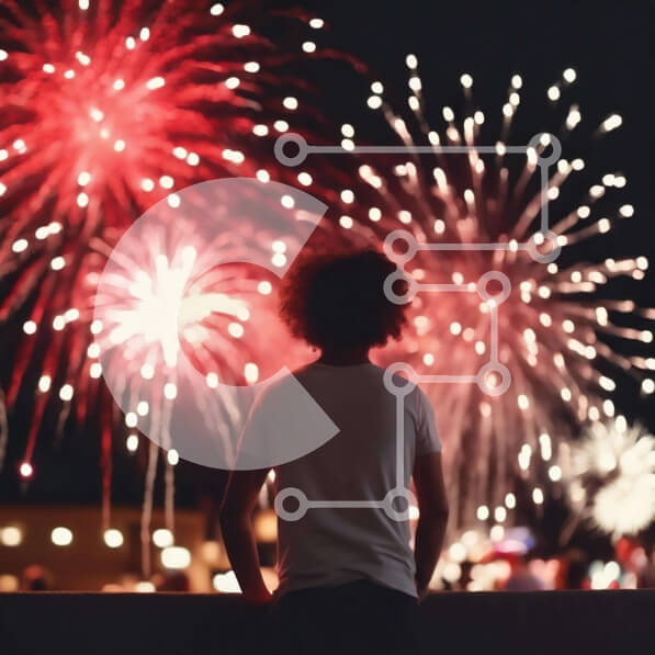 Intra Συλλεκτικό Ξύλινο Παζλ Plywood  4mm - Άνθρωπος βλέποντας πυροτεχνήματα στο υπαίθριο μπαλκόνι τη νύχτα Σε Ξύλινο Κουτί - Διαστάσεις Puzzle: 10x10 cm – 25 κομμάτια