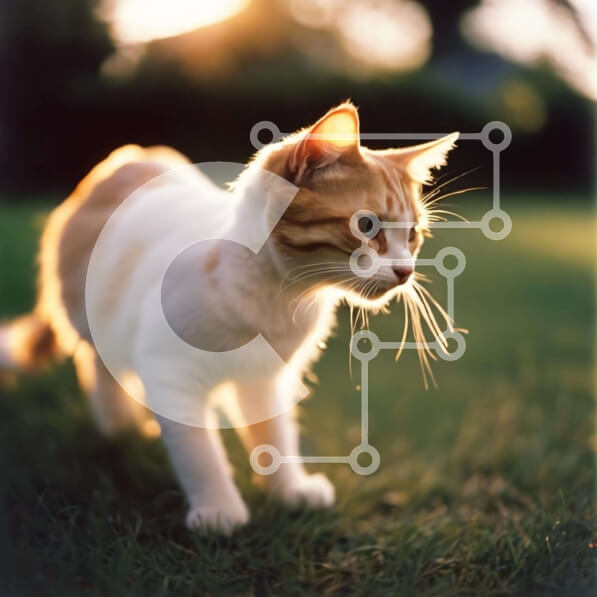 Intra Συλλεκτικό Ξύλινο Παζλ Plywood  4mm - Πορτοκαλί και άσπρη γάτα που περπατά στο χορταριασμένο χωράφι στο βραδινό φως Σε Ξύλινο Κουτί - Διαστάσεις: 10x10 cm – 25 κομμάτια