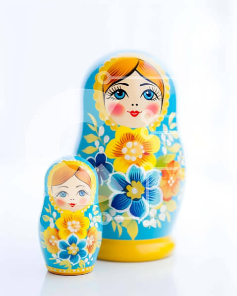 Intra Συλλεκτικό Ξύλινο Παζλ Plywood  4mm - Ρωσικές κούκλες φωλιάσματος με μπλε φόντο και κίτρινα λουλούδια Σε Ξύλινο Κουτί - Διαστάσεις: 10x10 cm – 25 κομμάτια