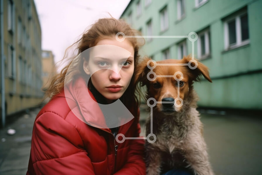 Intra Συλλεκτικό Ξύλινο Παζλ Plywood  4mm - Νεαρή γυναίκα με σκύλο σε αστικό περιβάλλον Σε Ξύλινο Κουτί - Διαστάσεις Puzzle: 10x10 cm – 25 κομμάτια