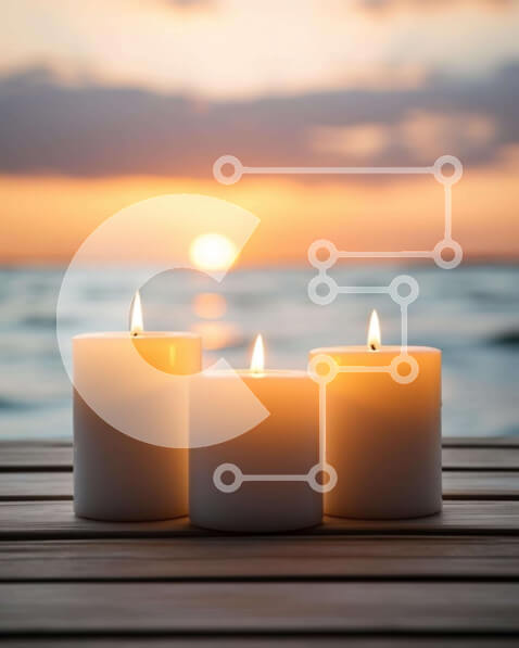 Intra Συλλεκτικό Ξύλινο Παζλ Plywood  4mm - Γαλήνια κεριά στο ξύλινο κατάστρωμα στο ηλιοβασίλεμα δίπλα στον ωκεανό Σε Ξύλινο Κουτί - Διαστάσεις: 10x10 cm – 25 κομμάτια