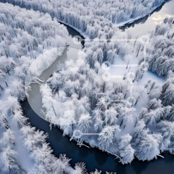 Intra Συλλεκτικό Ξύλινο Παζλ Plywood  4mm - Αεροφωτογραφία του χιονισμένου δάσους και του ποταμού Σε Ξύλινο Κουτί - Διαστάσεις: 10x10 cm – 25 κομμάτια