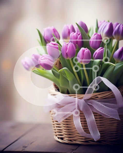 Intra Συλλεκτικό Ξύλινο Παζλ Plywood  4mm - Φρέσκες μοβ τουλίπες σε ψάθινο καλάθι Σε Ξύλινο Κουτί - Διαστάσεις: 10x10 cm – 25 κομμάτια