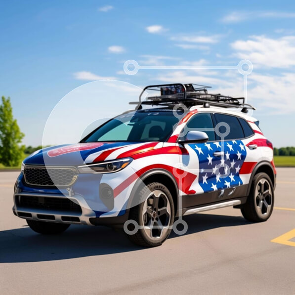 Intra Συλλεκτικό Ξύλινο Παζλ Plywood  4mm - Προσαρμοσμένο κόκκινο, λευκό και μπλε SUV με αμερικανική σημαία Σε Ξύλινο Κουτί - Διαστάσεις Puzzle: 10x10 cm – 25 κομμάτια