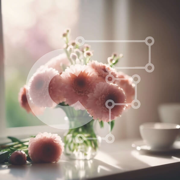 Intra Συλλεκτικό Ξύλινο Παζλ Plywood  4mm - Γυάλινο βάζο με ροζ λουλούδια και φλιτζάνια καφέ στο περβάζι Σε Ξύλινο Κουτί - Διαστάσεις Puzzle: 10x10 cm – 25 κομμάτια