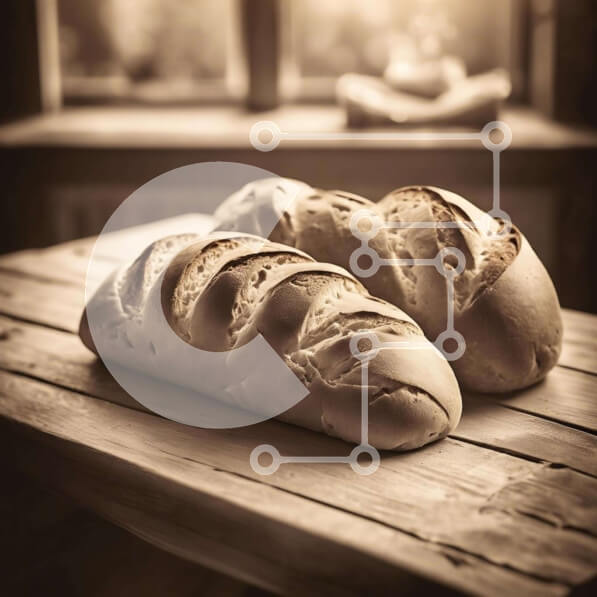 Σετ των 2 Intra Συλλεκτικό Ξύλινο Παζλ Plywood  4mm - Δύο καρβέλια φρεσκοψημένο ψωμί σε ένα ξύλινο τραπέζι Σε Ξύλινο Κουτί - Διαστάσεις: 10x10 cm – 25 κομμάτια