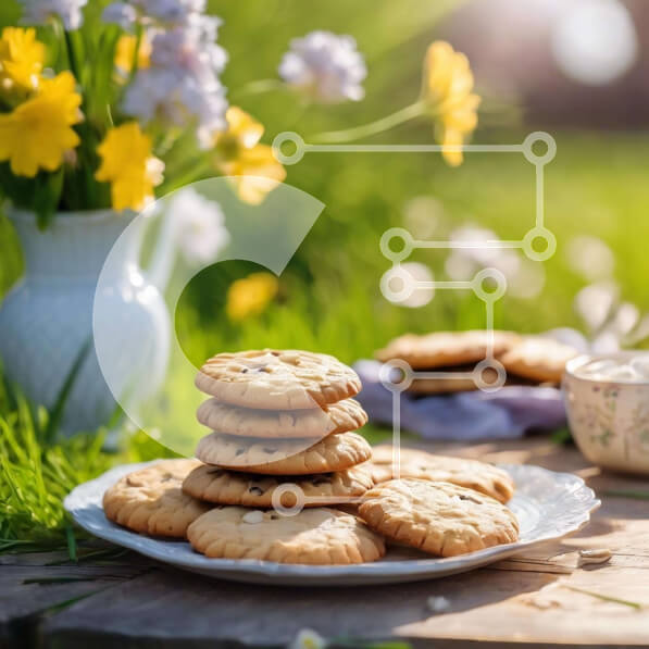 Σετ των 2 Intra Συλλεκτικό Ξύλινο Παζλ Plywood  4mm - Στοίβα από μπισκότα σε τραπέζι εξωτερικού χώρου με λουλούδια και φλιτζάνια Σε Ξύλινο Κουτί - Διαστάσεις: 10x10 cm – 25 κομμάτια