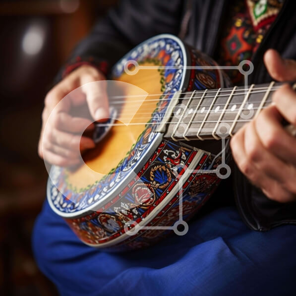 Intra Συλλεκτικό Ξύλινο Παζλ Plywood  4mm - Μουσικός που παίζει περίτεχνα διακοσμημένη κιθάρα Banjo Σε Ξύλινο Κουτί - Διαστάσεις Puzzle: 10x10 cm – 25 κομμάτια