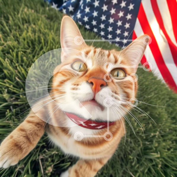 Intra Συλλεκτικό Ξύλινο Παζλ Plywood  4mm - Περίεργη γάτα στο γρασίδι με αμερικανική σημαία Σε Ξύλινο Κουτί - Διαστάσεις: 10x10 cm – 25 κομμάτια