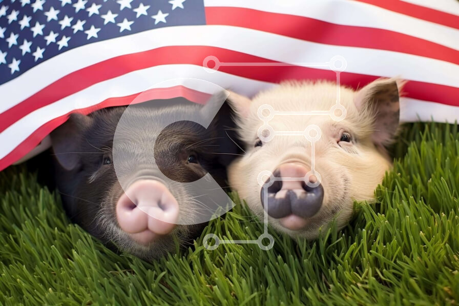 Σετ των 2 Intra Συλλεκτικό Ξύλινο Παζλ Plywood  4mm - Μαύροι και άσπροι ​​χοίροι υπό αμερικανική σημαία Σε Ξύλινο Κουτί - Διαστάσεις: 10x10 cm – 25 κομμάτια