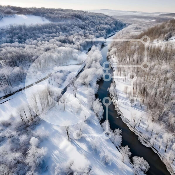 Intra Συλλεκτικό Ξύλινο Παζλ Plywood  4mm - Εναέρια άποψη του χιονισμένου ποταμού στο δάσος Σε Ξύλινο Κουτί - Διαστάσεις: 10x10 cm – 25 κομμάτια