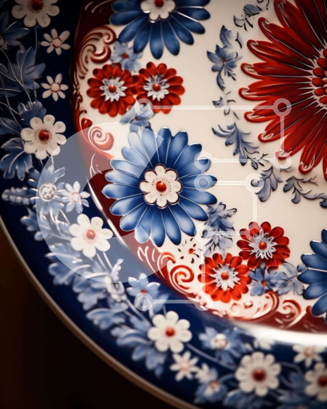 Intra Συλλεκτικό Ξύλινο Παζλ Plywood  4mm - Μπλε, κόκκινο και λευκό floral πιάτο σε ξύλινη επιφάνεια Σε Ξύλινο Κουτί - Διαστάσεις: 10x10 cm – 25 κομμάτια