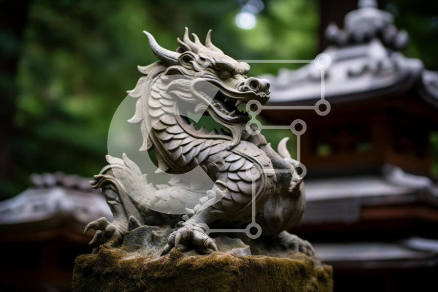 Intra Συλλεκτικό Ξύλινο Παζλ Plywood  4mm - Πέτρινο άγαλμα δράκου σε κήπο με ασιατικό θέμα Σε Ξύλινο Κουτί - Διαστάσεις Puzzle: 10x10 cm – 25 κομμάτια