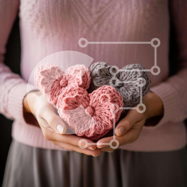 Σετ των 2 Intra Συλλεκτικό Ξύλινο Παζλ Plywood  4mm - Γυναίκα που κρατά κροσέ αντικείμενα σε σχήμα καρδιάς Σε Ξύλινο Κουτί - Διαστάσεις: 10x10 cm – 25 κομμάτια