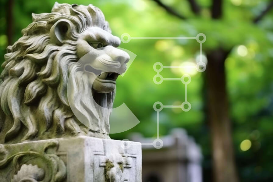 Intra Συλλεκτικό Ξύλινο Παζλ Plywood  4mm - Πέτρινο άγαλμα με κεφαλή λιονταριού σε πράσινο και δέντρα Σε Ξύλινο Κουτί - Διαστάσεις: 10x10 cm – 25 κομμάτια