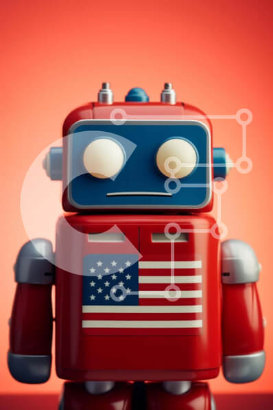 Intra Συλλεκτικό Ξύλινο Παζλ Plywood  4mm - Κόκκινο και άσπρο ρομπότ με αμερικανική σημαία στην γκαλερί τέχνης Σε Ξύλινο Κουτί - Διαστάσεις: 10x10 cm – 25 κομμάτια