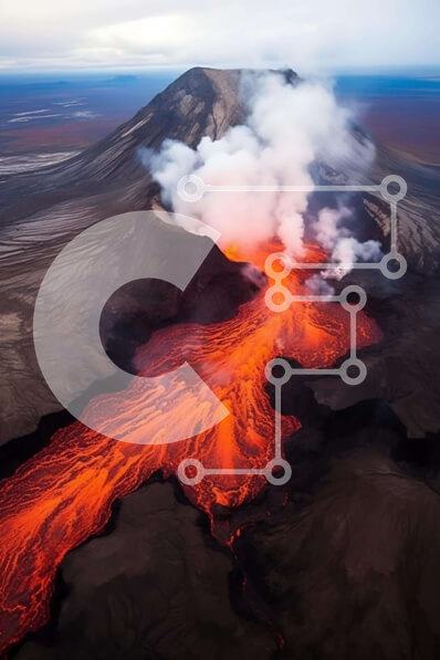 Σετ των 2 Intra Συλλεκτικό Ξύλινο Παζλ Plywood  4mm - Εναέρια άποψη του ηφαιστείου με τη ροή λάβας Σε Ξύλινο Κουτί - Διαστάσεις: 10x10 cm – 25 κομμάτια