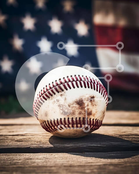 Intra Συλλεκτικό Ξύλινο Παζλ Plywood  4mm - Παλιό μπέιζμπολ σε ξύλινο τραπέζι με φόντο αμερικανική σημαία Σε Ξύλινο Κουτί - Διαστάσεις Puzzle: 10x10 cm – 25 κομμάτια