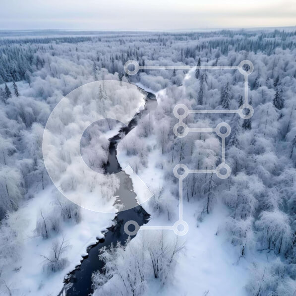 Intra Συλλεκτικό Ξύλινο Παζλ Plywood  4mm - Εναέρια άποψη του χιονισμένου ποταμού το χειμώνα Σε Ξύλινο Κουτί - Διαστάσεις: 10x10 cm – 25 κομμάτια