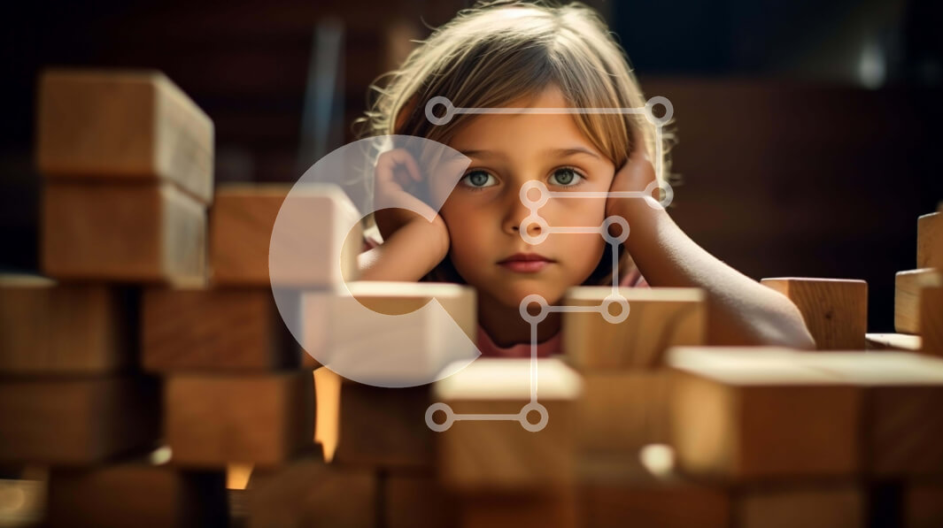 Intra Συλλεκτικό Ξύλινο Παζλ Plywood  4mm - Νεαρό κορίτσι που παίζει με τα ξύλινα μπλοκ Σε Ξύλινο Κουτί - Διαστάσεις Puzzle: 10x10 cm – 25 κομμάτια