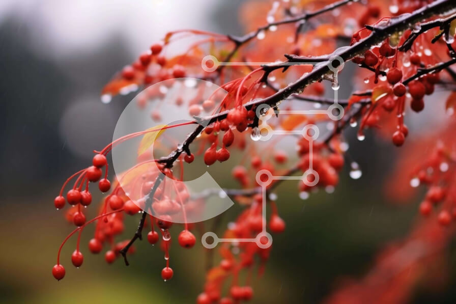 Intra Συλλεκτικό Ξύλινο Παζλ Plywood  4mm - Κλαδί δέντρου με κόκκινα μούρα και σταγόνες βροχής Σε Ξύλινο Κουτί - Διαστάσεις: 10x10 cm – 25 κομμάτια