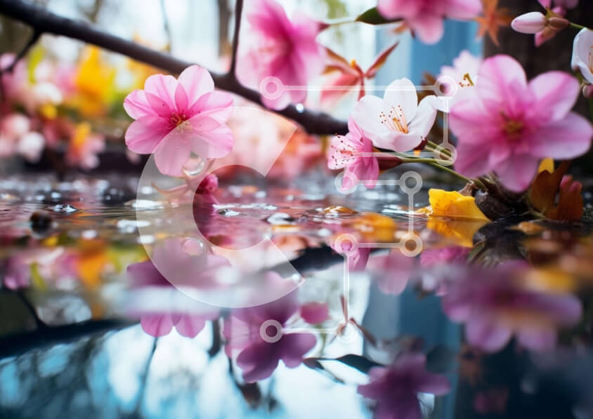 Intra Συλλεκτικό Ξύλινο Παζλ Plywood  4mm - Ροζ λουλούδια που αντανακλούν στο νερό μετά τη βροχή Σε Ξύλινο Κουτί - Διαστάσεις: 10x10 cm – 25 κομμάτια