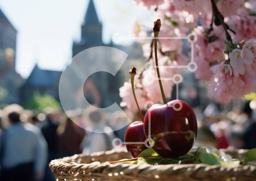 Σετ των 2 Intra Συλλεκτικό Ξύλινο Παζλ Plywood  4mm - Καλάθι με κεράσια και πλήθος ανθρώπων Σε Ξύλινο Κουτί - Διαστάσεις: 10x10 cm – 25 κομμάτια