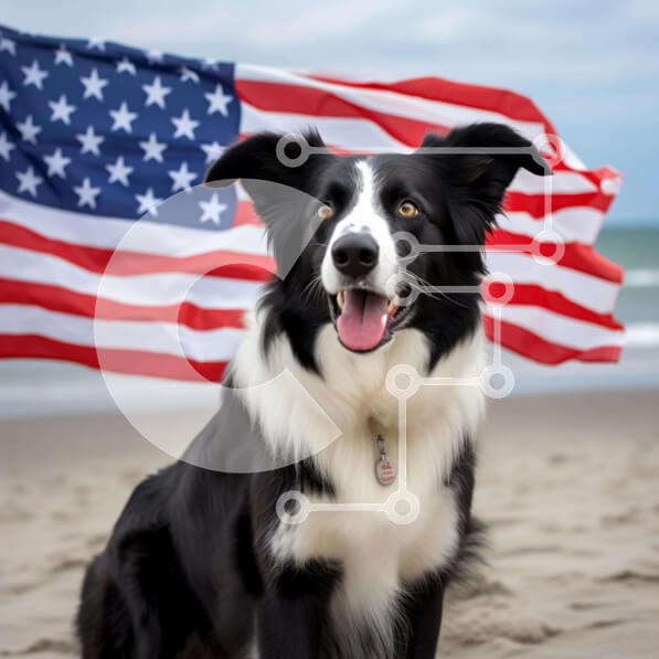 Intra Συλλεκτικό Ξύλινο Παζλ Plywood  4mm - Ευτυχισμένος σκύλος στην παραλία με αμερικανική σημαία Σε Ξύλινο Κουτί - Διαστάσεις: 10x10 cm – 25 κομμάτια