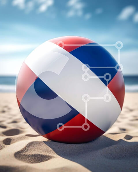 Intra Συλλεκτικό Ξύλινο Παζλ Plywood  4mm - Κόκκινη, λευκή και μπλε μπάλα παραλίας στην αμμώδη ακτή Σε Ξύλινο Κουτί - Διαστάσεις Puzzle: 10x10 cm – 25 κομμάτια