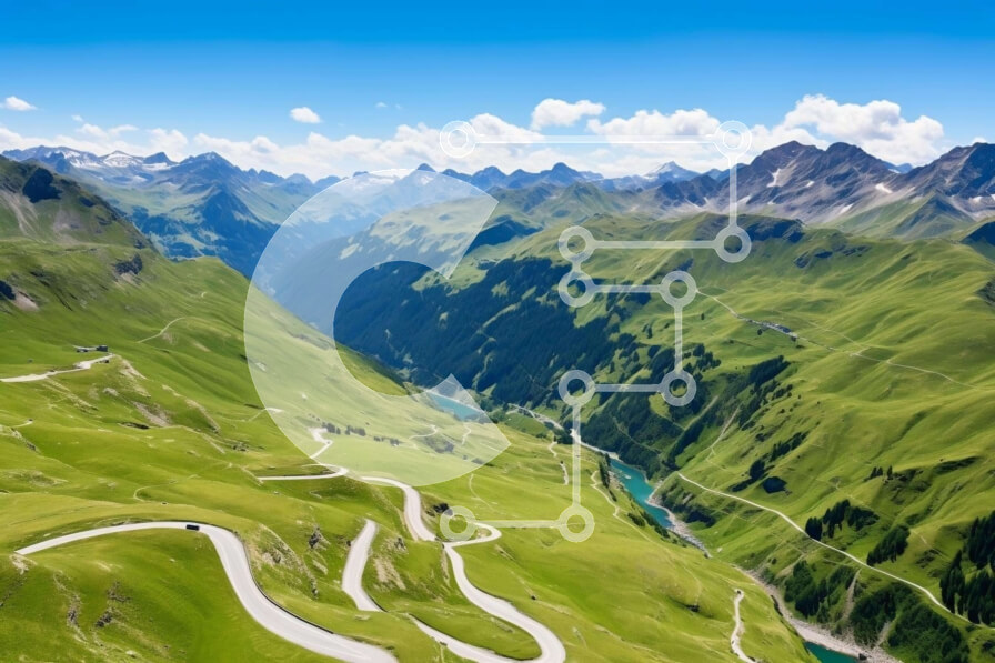 Intra Συλλεκτικό Ξύλινο Παζλ Plywood  4mm - Εναέρια άποψη του ελικοειδή ορεινού δρόμου στις ελβετικές Άλπεις Σε Ξύλινο Κουτί - Διαστάσεις: 10x10 cm – 25 κομμάτια