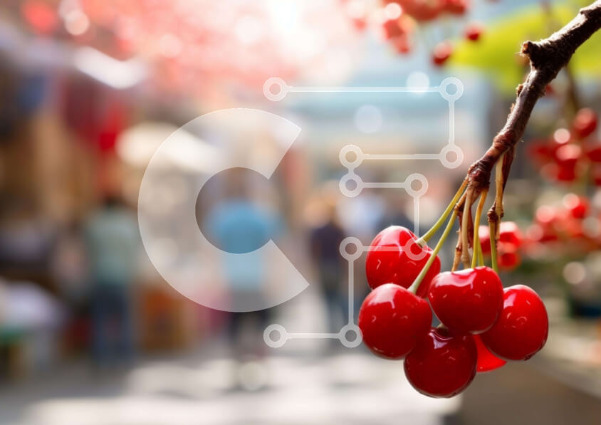 Intra Συλλεκτικό Ξύλινο Παζλ Plywood  4mm - Κλαδί δέντρου με κόκκινα κεράσια και ανθρώπους σε μια εκδήλωση Σε Ξύλινο Κουτί - Διαστάσεις: 10x10 cm – 25 κομμάτια