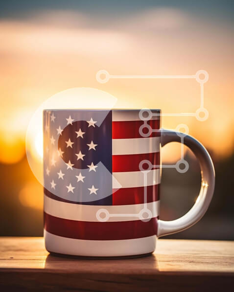 Intra Συλλεκτικό Ξύλινο Παζλ Plywood  4mm - Λευκή κούπα καφέ με σχέδιο αμερικανικής σημαίας στο ηλιοβασίλεμα Σε Ξύλινο Κουτί - Διαστάσεις Puzzle: 10x10 cm – 25 κομμάτια