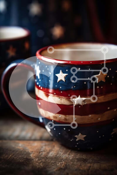 Intra Συλλεκτικό Ξύλινο Παζλ Plywood  4mm - Κόκκινες, λευκές και μπλε κούπες καφέ με αστέρια σε ξύλινο τραπέζι Σε Ξύλινο Κουτί - Διαστάσεις: 10x10 cm – 25 κομμάτια