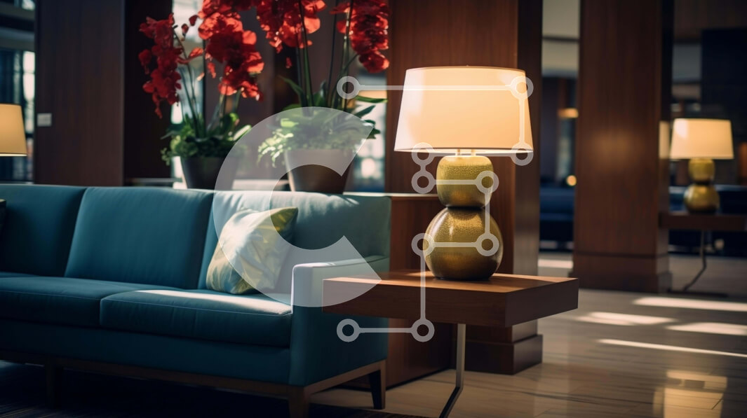 Intra Συλλεκτικό Ξύλινο Παζλ Plywood  4mm - Λόμπι κτιρίου γραφείων με μπλε καναπέ και φυτά σε γλάστρες Σε Ξύλινο Κουτί - Διαστάσεις Puzzle: 10x10 cm – 25 κομμάτια