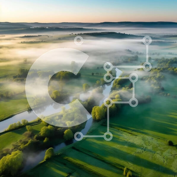 Intra Συλλεκτικό Ξύλινο Παζλ Plywood  4mm - Εναέρια άποψη του καταπράσινου τοπίου με τον ποταμό και την ομίχλη Σε Ξύλινο Κουτί - Διαστάσεις: 10x10 cm – 25 κομμάτια