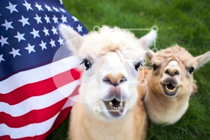 Σετ των 2 Intra Συλλεκτικό Ξύλινο Παζλ Plywood  4mm - Δύο χαμογελαστά αλπακά με αμερικανική σημαία Σε Ξύλινο Κουτί - Διαστάσεις: 10x10 cm – 25 κομμάτια