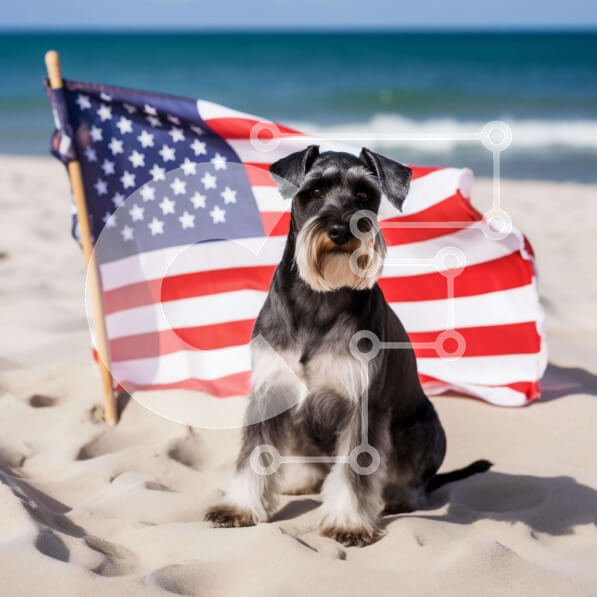 Intra Συλλεκτικό Ξύλινο Παζλ Plywood  4mm - Σκυλί Schnauzer στην παραλία με αμερικανική σημαία Σε Ξύλινο Κουτί - Διαστάσεις: 10x10 cm – 25 κομμάτια
